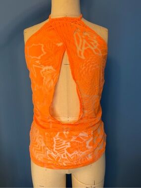 Roberto Cavalli Neon Orange Floral Burnout Tank